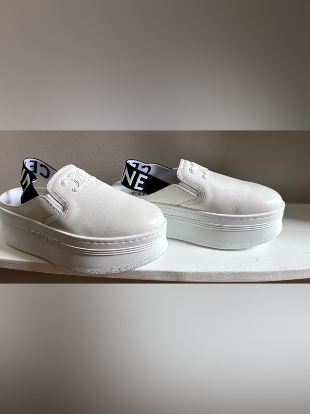 Celine White Leather Platform Slip-On with Black Logo Heel Strap - Picture 2 of 14